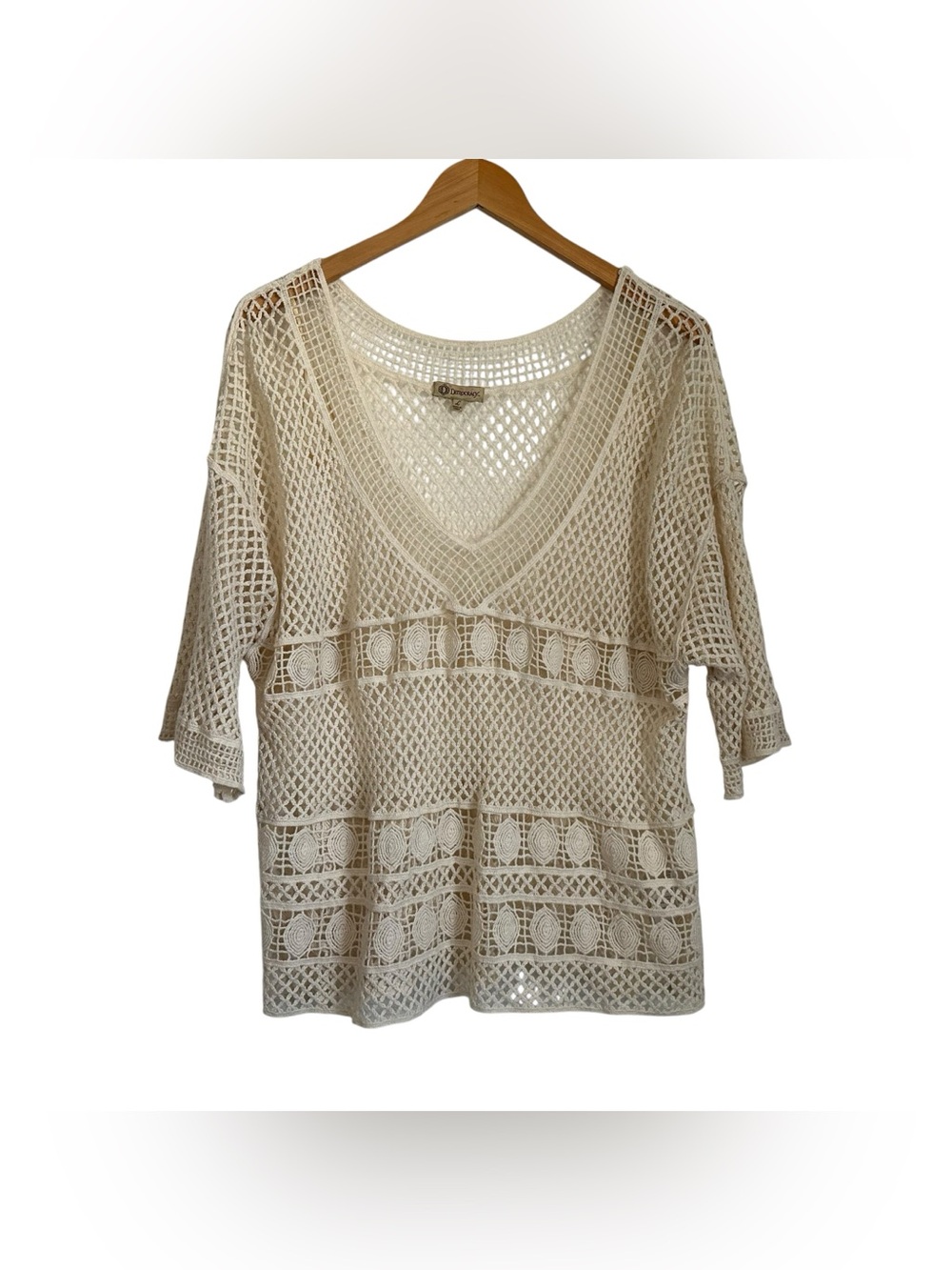 Democracy Womens Crochet Cotton V Neck Open Knit Top Sz Large Beige Short Sleeve